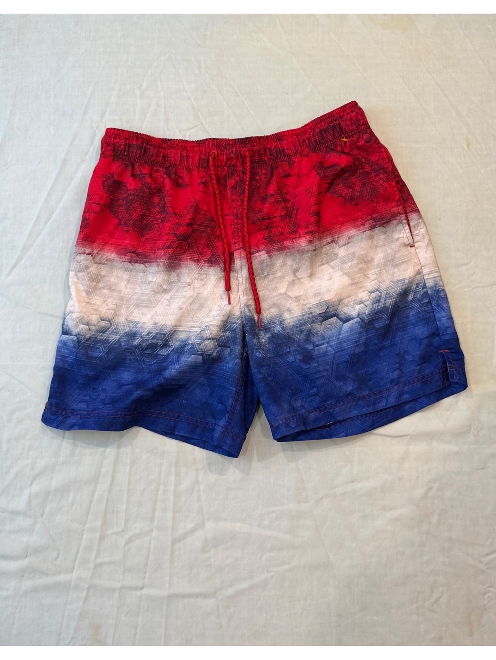 George Men’s Swim Trunks M 32-34 Red White Blue Ombre Abstract Mesh Lined